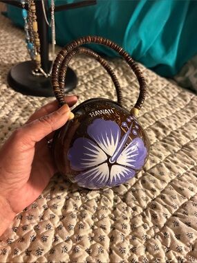 Hand-Painted Brown Coconut Purse with Purple Flower - Hawaii